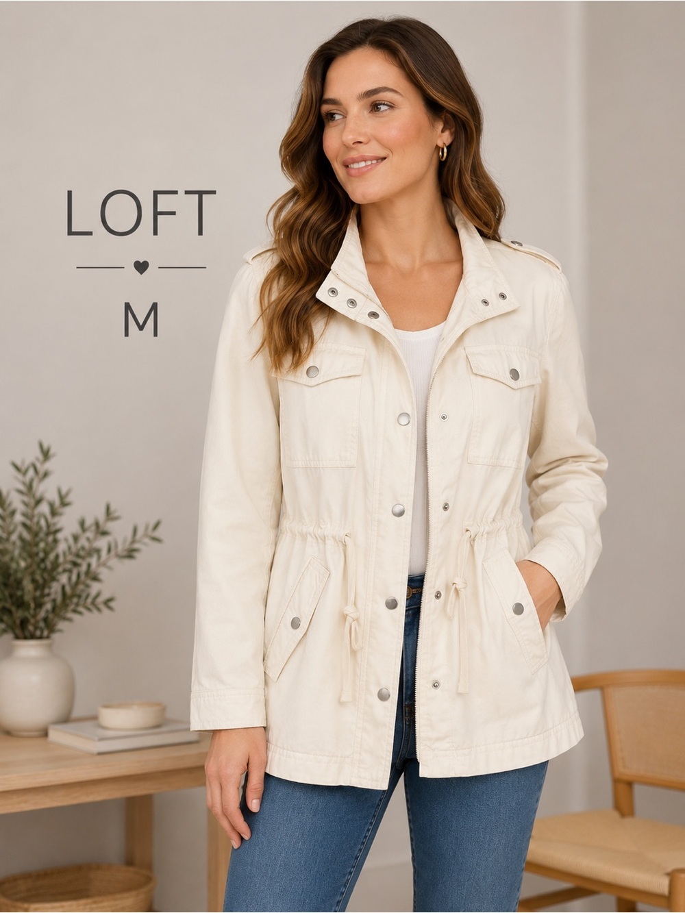 LOFT Utility Jacket NWT Ivory Cream Size Medium Lyocell Snap Front academia